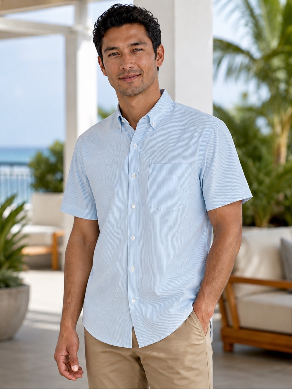 Croft & Barrow Mens Small Blue White Micro Stripe Short Sleeve Button Down Shirt